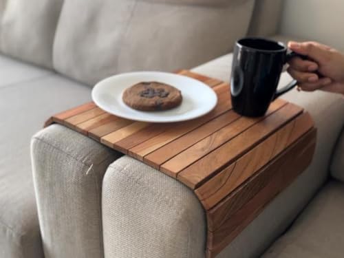 Vesta Homes Sofa Armrest Tray Set of 2 | Acacia Wood | Tambour Tray | Flexible and Foldable | Dining Table Mat | Suitable for Food, Drinks, Snacks, Cup | 17 * 11 Inches | Handcrafted in India - style: Set of 2 Couch Armrest