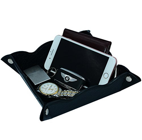 Leather Storage Tray,Phone Watch Jewelry Coin Organizer,Dresser Valet Tray for Men(Black)