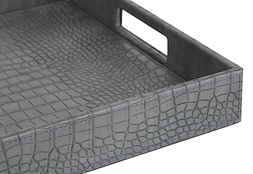 HofferRuffer Rectangle Serving Tray with Hole Handles for Coffee Table, Breakfast, Tea, Food, Butler - Countertop, Kitchen, Vanity Serve Tray, 16.2 x 12.2 x 2 inches, Faux Leather Tray (Dark Grey) - color: Dark Grey, size: 16.2" x 12.2" x 2"