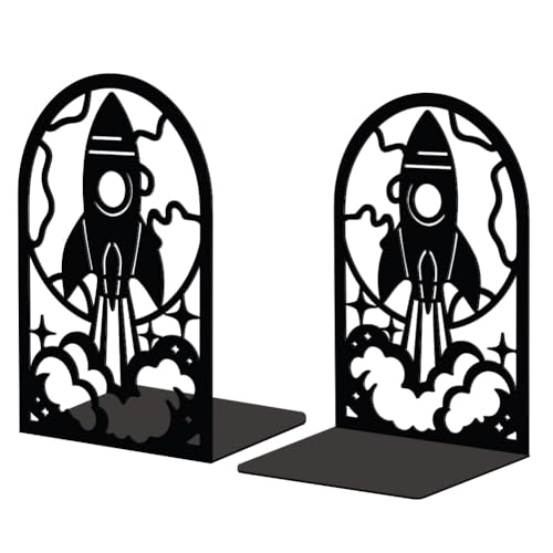 Peacoblue Metal Bookends for Shelves, Modern Decorative Heavy Duty Study Book Support Stoppers for Office, Desk, Shelf, Room 5.3"x4.3"x7.9" Cast Iron Simple Tall Bookends, 1 Pair (Rocket) - style: Rocket