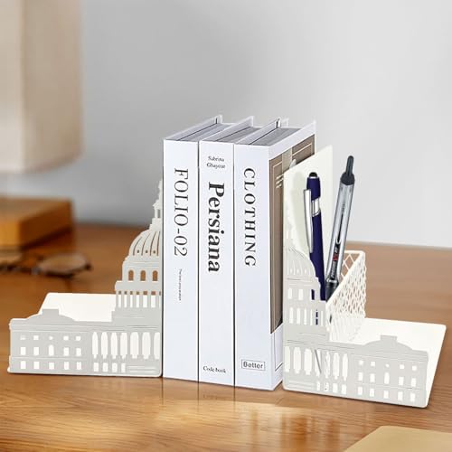 Capitol Book Ends Decorative for Shelves,ENCIMART 1.5mm Thickened Bookends with Pen Holder,Heavy Duty Metal Book Stopper Desk Organizer Holder for Office Gift (White) - color: Capitol White