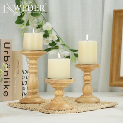 Wood Pillar Candle Holder: Rustic Wooden Candle Stand Farmhouse Fall Decor Distressed Brown Centerpieces for Tables Mantel Dining Living Room Christmas Set of 3 - color: Brown, size: 3.94", 5.9", 7.87"