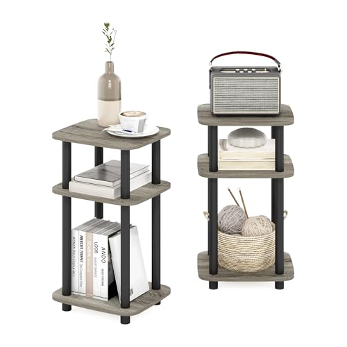 Furinno JUST Side Table Set of 2, 3-Tier Turn-N-Tube End Table with Open Shelf, Round Curve Corner Night Stand, Bedside Table, Easy Assembly, for Living Room, Bedroom, French Oak - color: French Oak, size: 2-Pack, Plastic Frame, 3-Tier