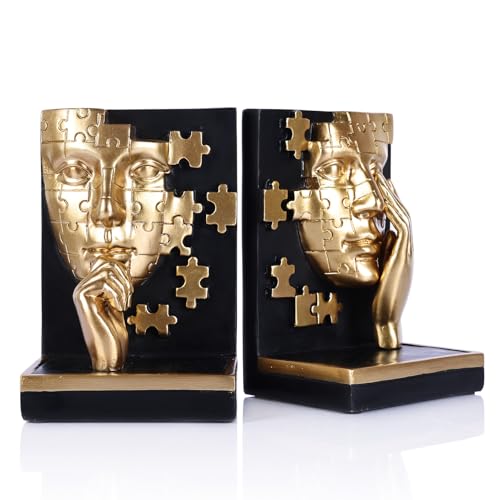 Gold Abstract Face Bookends Set,Modern Thinker Bookshelf Decorative Bookends,Cool Black Gold with Puzzle Design,for Shelves, Desk & Home Office Decor Accessories