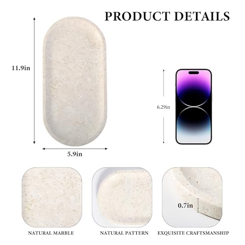Koville Marble Tray for Bathroom Countertop, 12"x6" Beige Marble Vanity Storage Trays for Perfume, Cosmetics, Jewelry, Stone Tray for Kitchen, Decorative Trays for Dresser Organizer - color: Beige, size: 12" x 6" x 0.7"