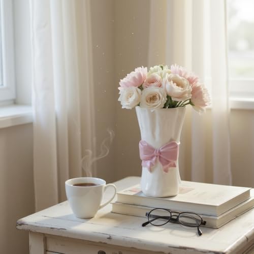 Bow Flower vase, Bow vase for Flowers, Pink Bow Ceramic Vase – Cute Vase with Shiny Glaze, Modern vase Decor (Pink Bow)