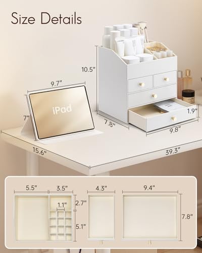 VLANDO Makeup Organizer Countertop,Large Vanity Organizer PU Leather Make up Storage with 4 Drawers Skin care Organizer Cosmetic Display Case for Lipstick,Brushes,Bedroom-White - color: 4 layers-White