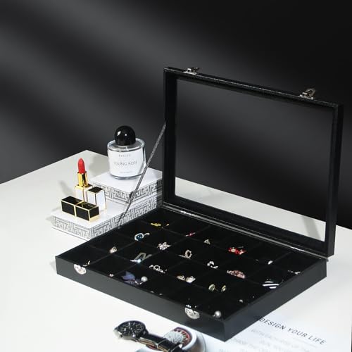Coward Jewelry Organizer Box, Black Velvet 24 Grids Ring Earring Jewelry Display Tray Case with Transparent Glass Lid for Home Drawer or Shop Selling - color: Black Velvet, size: 24Grids Box