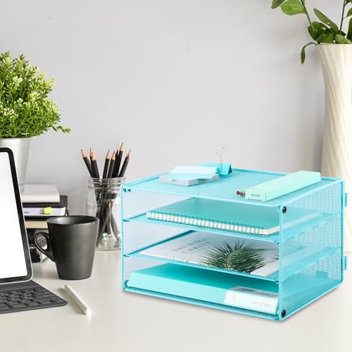 EASEPRES Paper Organizer Tray, 3 Tier Mesh Desk File Organizer Letter Sorter Holder for Home Office, Blue - color: 3 Tier Blue