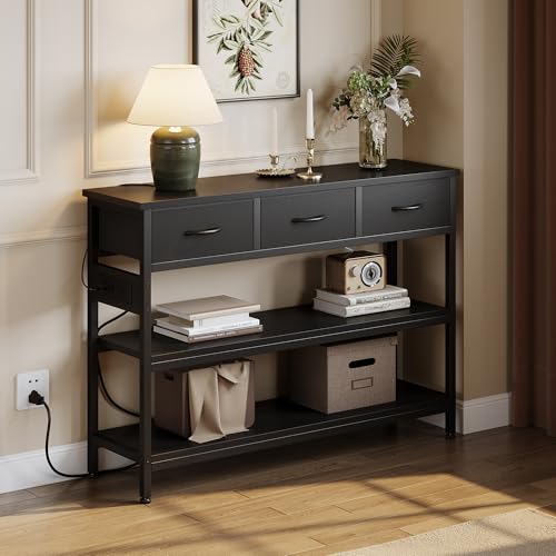 Lulive 2 Pack Entryway Table with Power Outlets, Console Table with 3 Fabric Drawers, Sofa Table for Living Room, Hallway, Couch, Foyer, Height Adjustable - color: Black, size: 2-Pack 43 inches