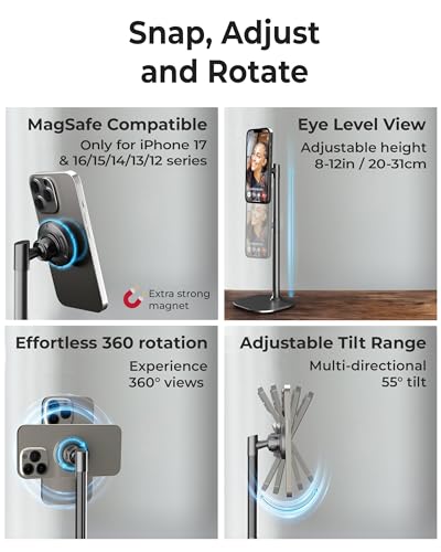 COOPER MagStand, Adjustable Magnetic iPhone Stand for Desk & Phone Holder for Video Recording, Compatible with MagSafe, Stand for iPhone 17 Pro Max, 16/15/14/13/12, Small Mag Safe Tripod (Black) - color: Night Black