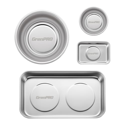 GRENPRO Magnetic Tray 4-Pack | Stainless Steel Magnetic Parts Trays | 3 Inch, 6 Inch, Square & Shallow Tray Set - style: Assorted (Round, Square, Shallow)