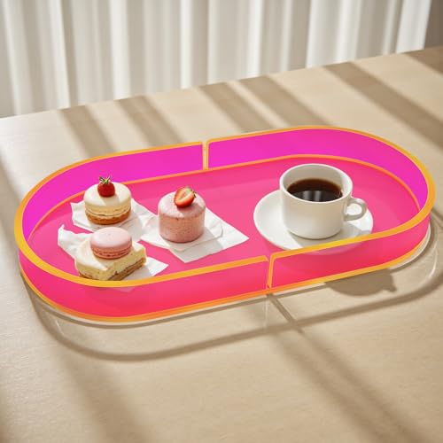 Acrylic Decorative Vanity Tray Perfume Jewelry Trinket Tray for Bathroom Counter Soap Toilet Tank Sink Small Candle Catch All Organizer, 12.6x6.3 Inches, Neon Pink - color: Neon Pink