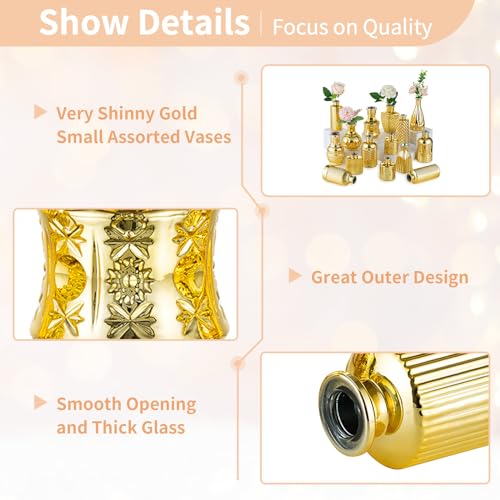 NUPTIO Bud Vases Bulk Gold: 30 Pcs Glass Small Vase Set for Flowers - Mini Vintage Flower Bottle Single Assorted Vases for Wedding Centerpieces