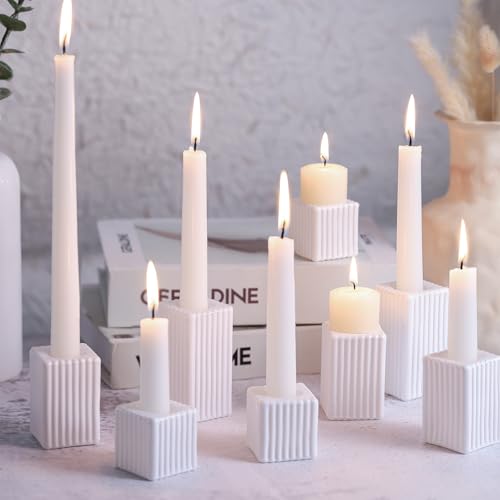 LETINE 12pcs White Vertical Stripe Glass Candlestick Holders - Chic Taper Candle Sticks Holder Set for Elegant Dining & Home Decor - Ideal for Wedding Centerpieces, Parties, and Celebrations - color: White