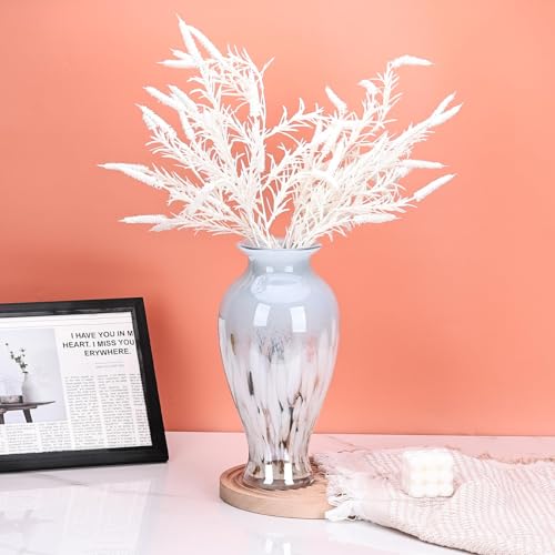 Hand Blown Glass Vase 11.8" Tall Beautiful Blue White Sea Wide Mouth Bud Vase for Table Centerpiece, Painted Colorful Murano Glass Flower Vases for - Home Entrance Wedding Center - color: Blue and White