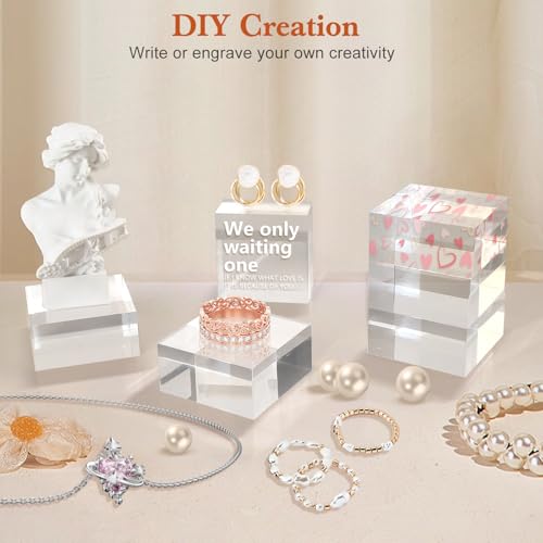 SAMYUCHO Acrylic Base 4 Pieces Acrylic Blocks for Display 2 X 2 X 1 Inch Square Riser Display Stands Trophy Base Pedestal Stands Clear Cube for Trophy Jewelry Props Food Party Crafts