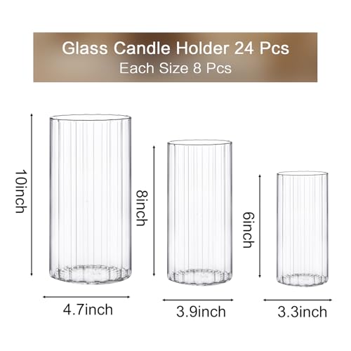 PHOSPHOR 24 Pcs Hurricane Candle Holders for Pillar Candle 6'', 8'', 10'' Tall Glass Cylinder Centerpieces Vases Floral - color: Striped Glass 24 Pcs