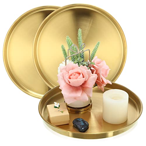Thenshop 3 Pcs Gold Serving Tray, Stainless Steel Round Decorative Vanity Plates, Jewelry Makeup Organizer, Reusable Food Display Dish for Gift, Wedding, Christmas, Bathroom, Coffee Table (12 Inch) - size: 12 Inch