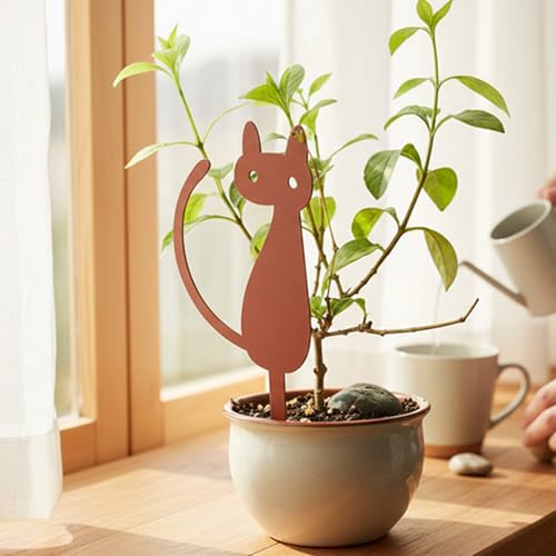 Elegant Cat Metal Garden Stake – Powder-Coated Steel Plant Pick for Pots & Planters, Rustic Indoor/Outdoor Decorative Accent