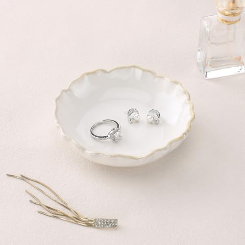 HOME SMILE Ring Jewelry Dish Pastel White Ruffled Ceramic|Trinket Tray for Earrings, Necklaces|Mothers Day Birthday Friendship Gifts for Women|Vanity Organizer & Bathroom Decor - color: White