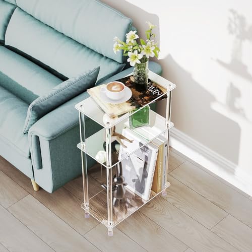 Clear Acrylic Narrow Side Table Set of 2 for Small Spaces, 15.75" L x 7.87" W x 24.6" H, 3 Tier Rectangle Slim End Table Nightstand, Small Bedside Table for Bedroom, Bathroom, Living Room - size: 3 Tier 2-Pack