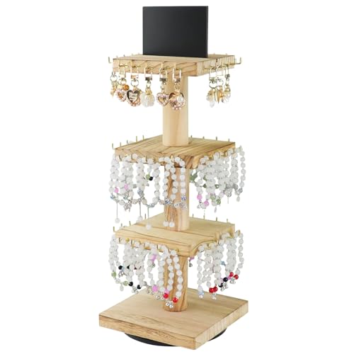 ERTIUANIO Bracelet Holder Display, 3 Tier Wooden Rotating Display Stand for vendors, 60 Hooks for Bracelet, KeyChain, Necklace, Jewelry