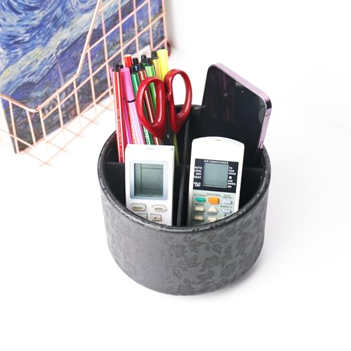 lizimandu Round Leather Art Supply Organizer,Remote Control Holder,360 Degree Spinning,Multi-Functional Pencil Holder,4 Compartments Desktop Stationary Organizer(1-Liuli Black) - color: 1-Liuli Black