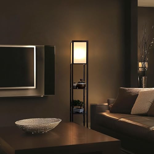 Brightech Maxwell - Modern Shelf Floor Lamp with Lamp Shade & Warm White LED Bulb, Corner Display Floor Lamp with Shelves for Living Room, Bedroom, Nightstand Office, Home Decor Storage - Black - color: Black