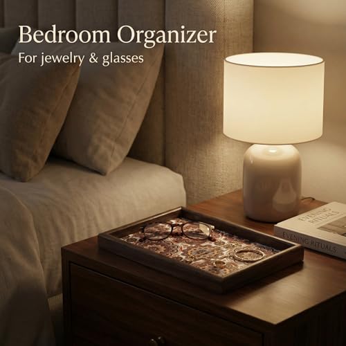 Zosenley Wooden Valet Tray with Leather Base - Nightstand Catchall Organizer for Cologne, Perfume, Keys, Wallet, Phone, Watch, Jewelry & Sunglasses (Bohemian) - color: Bohemian