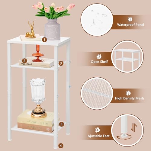 Hoctieon 2-Set 3 Tier End Table, Telephone Table Set of 2, Tall Side Table with Storage Set of 2, Small Nightstand for Small Spaces, Metal Frame, White - color: White, size: 2 Pack