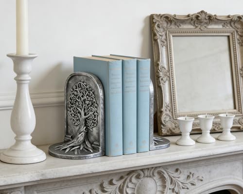 Tree of Life 3D Bookends with Intricate Details, Solid Resin Construction Non-Slip Design, Metallic Silver Decor for Home Library, Office - color: Metallic Silver