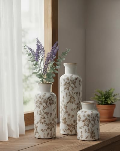Ceramic Vase Set of 3, Vintage Ceramic Flower Vases, Crackle-Glaze & Distressed Rim, Brown Botanical Pattern, for Home Decor, Living Room Mantel & Dining Table Centerpiece - color: Brown