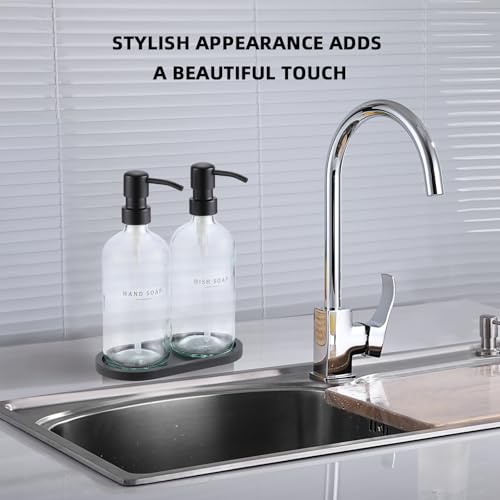 Glass Soap Dispenser - Dish Hand Soap Dispenser for Kitchen, Bathroom Soap Lotion Dispenser with 304 Rust Proof Pump, Tray, Clear Bottle/Black Pump - color: Clear Bottle/Black Pump + Tray + Funnel