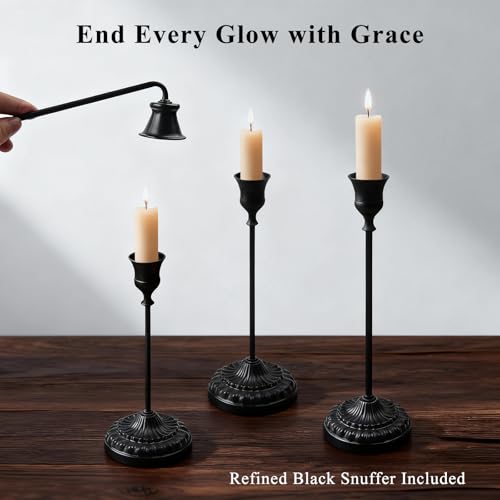 BEAHOT Matte Black Candle Holders Set of 6 with Matching Candle Snuffers – Elegant Non-Slip Candlestick Holders for Christmas Decorations Wedding Centerpiece, Dining Table & Home Gift Display - color: Black 6 Pack