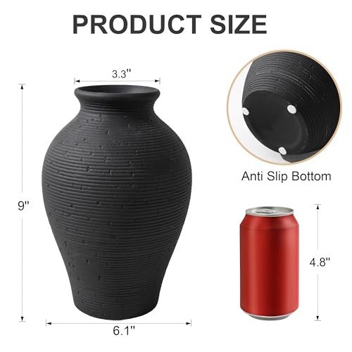 Ceramic Flower Vase Home Decor, 9 in Farmhouse Table Vases Rustic Vintage Living Room Kitchen Bedroom Pottery Decorative Vases for Flowers House Book Shelf Office Coffee Desk Dining Entryway, Black - color: 9 in - Black