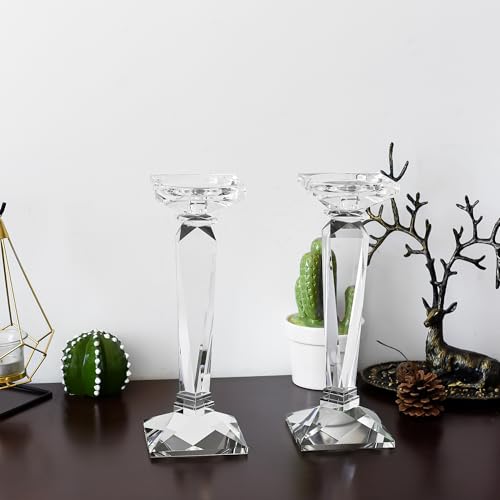 2-Pack Crystal Candlestick Holders, Clear Crystal Taper/Pillar Candles Holders,Table Centerpiece Home Decorative Candle Holders for Wedding, Dining, Party(10.6in Tall)