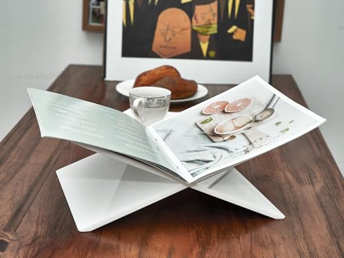 Honygebia White Acrylic Book Stands - Cross Frame Acrylic Book Holder, Open Bookstand for Display and Reading, Suitable for Art, Bible, Cookbook, Easel, Magazine, Textbooks 12.5" x 9.5" x 5.5" - color: White