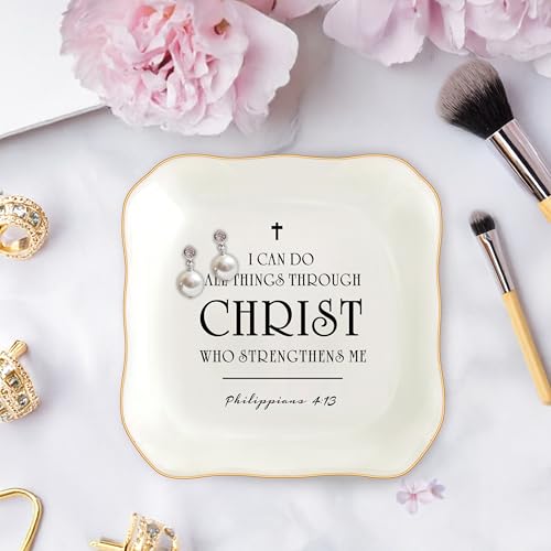 Christian Gifts for Women, Bible Verse Ceramic Jewelry Dish Trinket Ring Tray, Inspirational Floral Gift for Mom Sister Friend Birthday Christmas-I Can Do All Things Through Christ (White-Christ1) - color: White-Christ1