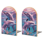 Dolphins Art Bookends for Shelves, Heavy Duty Wood Book Ends Decorative Book Holder for Bookshelf, Rustic Office Classroom Library Home Decor, 1 Pair (4.7x6.7 Inch)