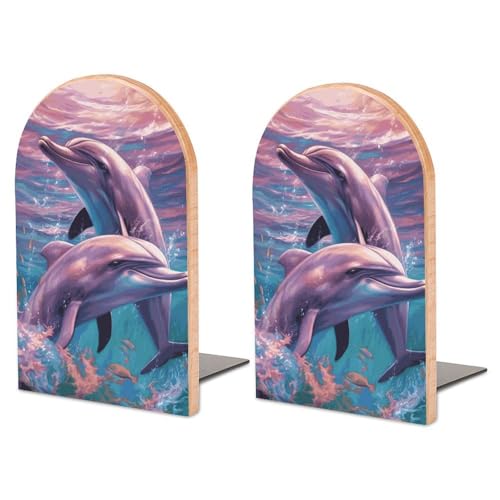Dolphins Art Bookends for Shelves, Heavy Duty Wood Book Ends Decorative Book Holder for Bookshelf, Rustic Office Classroom Library Home Decor, 1 Pair (4.7x6.7 Inch)
