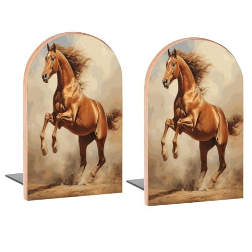 Book Ends Jumping Horse Wood Bookends for Shelves to Hold Books Heavy Duty Non-Skid Book Stoppers Wood Decorative Home Office School