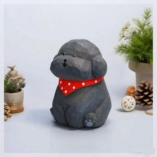 Hand-Carved Wooden Gray Teddy Dog Figurine, 2.7" Gray Puppy Statue with Base for Car Dashboard, Desk & Home Decor, Gift for Dog Lovers - color: Gray Teddy