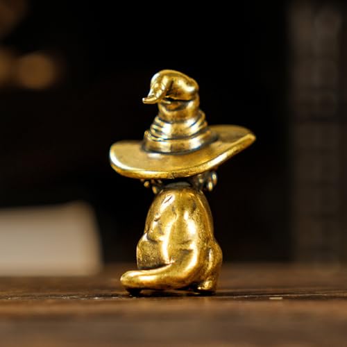CHOVY Retro Handcrafted Witch Cat Ornament - 100% Solid Brass Desk Decor | Enchanting Feline Sculpture with Wizard Hat Unique Gift for Cat Lovers & Magic Enthusiasts - style: Wizard Cat
