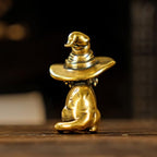 CHOVY Retro Handcrafted Witch Cat Ornament - 100% Solid Brass Desk Decor | Enchanting Feline Sculpture with Wizard Hat Unique Gift for Cat Lovers & Magic Enthusiasts - style: Wizard Cat