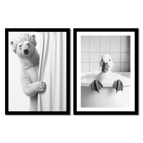 Funny Bathroom Wall Art Set of 2 Framed Canvas Prints – Bear Shower & Duck Bath Black and White Animal Artwork – Modern Minimalist Bathroom Decor Pictures with Solid Wood Frame & Acrylic Cover Bathroom Decor 12x16IN - color: duck and bear, size: 16"L x 12