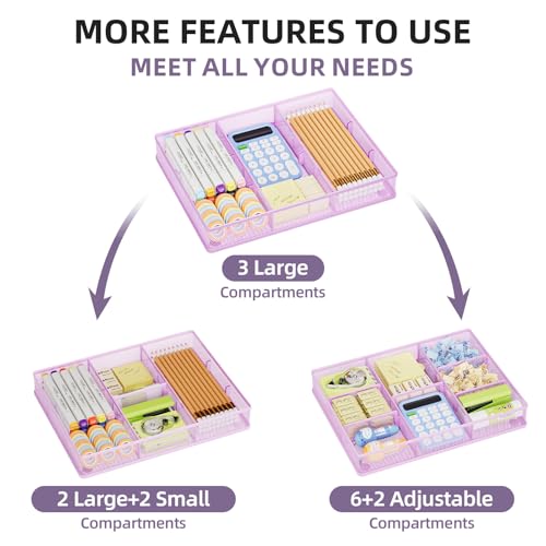 Marbrasse Desk Drawer Organizer, Metal Mesh Drawer Organizer Tray with 5 Adjustable Compartments,Desk Organizers and Accessories for Home,Office,Kitchen,Makeup,Vanity (Purple) - color: Purple