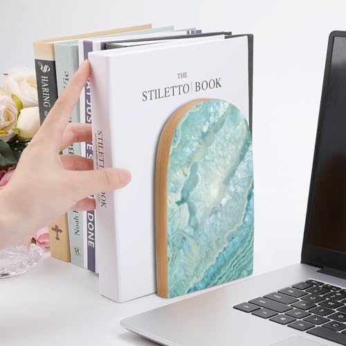 Wooden Bookends 2 Pcs,Pastel and Teal Agate Heavy Duty Office Book Ends Anti Slip Book Shelf Holder with Metal Base Decorative Book Stands - color: Pastel and Teal Agate
