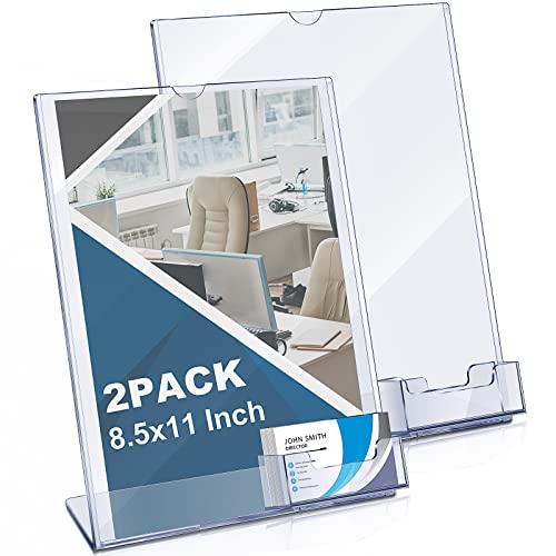 Vicenpal Acrylic Flyer Stand Sign Holder with Business Card Holder 8.5 x 11 Clear Brochure Display Stand with Business Card Pocket for Magazine Pamphlet Booklets Menu Desktop(2 Pcs)