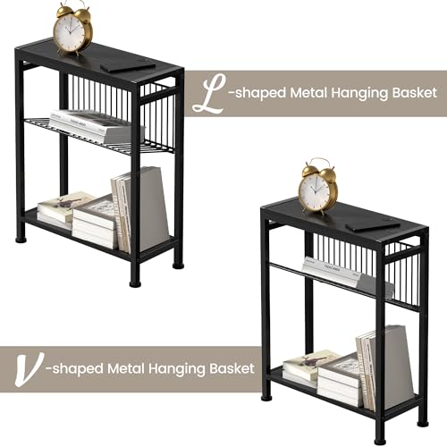 End Table Set of 2 for Small Space, 3-Tier Narrow Side Table with Magazine Holder,Slim Nightstand, Skinny Snack Couch Table in Living Room, Bedroom Study and Balcony (Black) - color: Black-2pcs